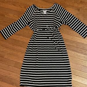 Motherhood Maternity Black White Striped 3/4 Sleeve Tie-Waist Dress Size Large